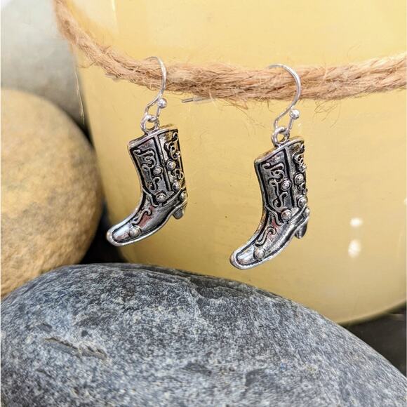 Silver Western Cowgirl Cowboy Boots Hook Earrings with a Distressed Look - Picture 1 of 7